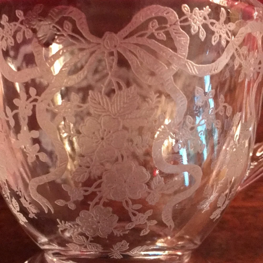 Antique Vintage Etched Roses & Ribbons Bows Sugar Bowl & Creamer Glass Set